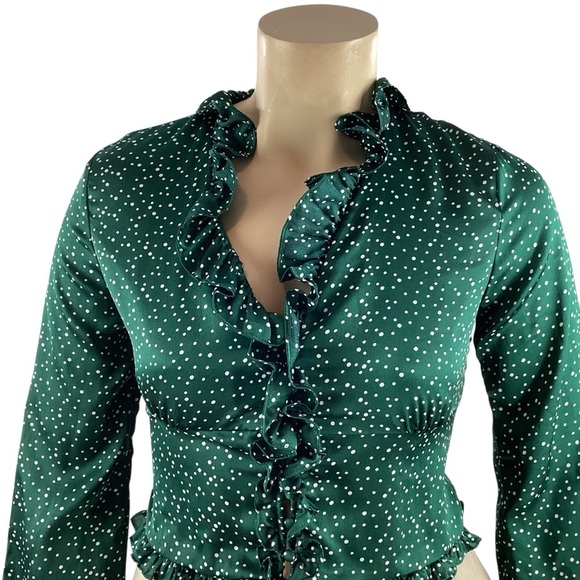 DO+BE Green Polka Dot Ruffle V-Neck Blouse Long Sleeve Size L - Picture 2 of 7